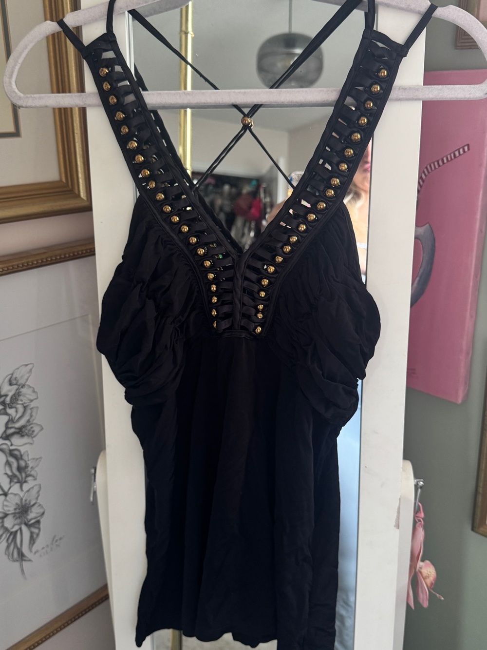 Marciano Black Gold-Stud V-Neck Strappy Tank